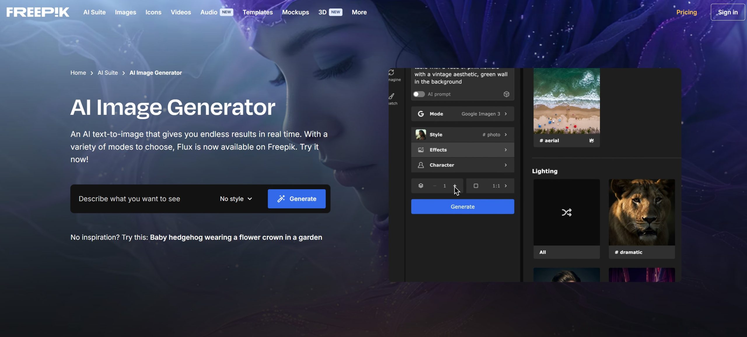 Freepik AI Image Generator操作界面