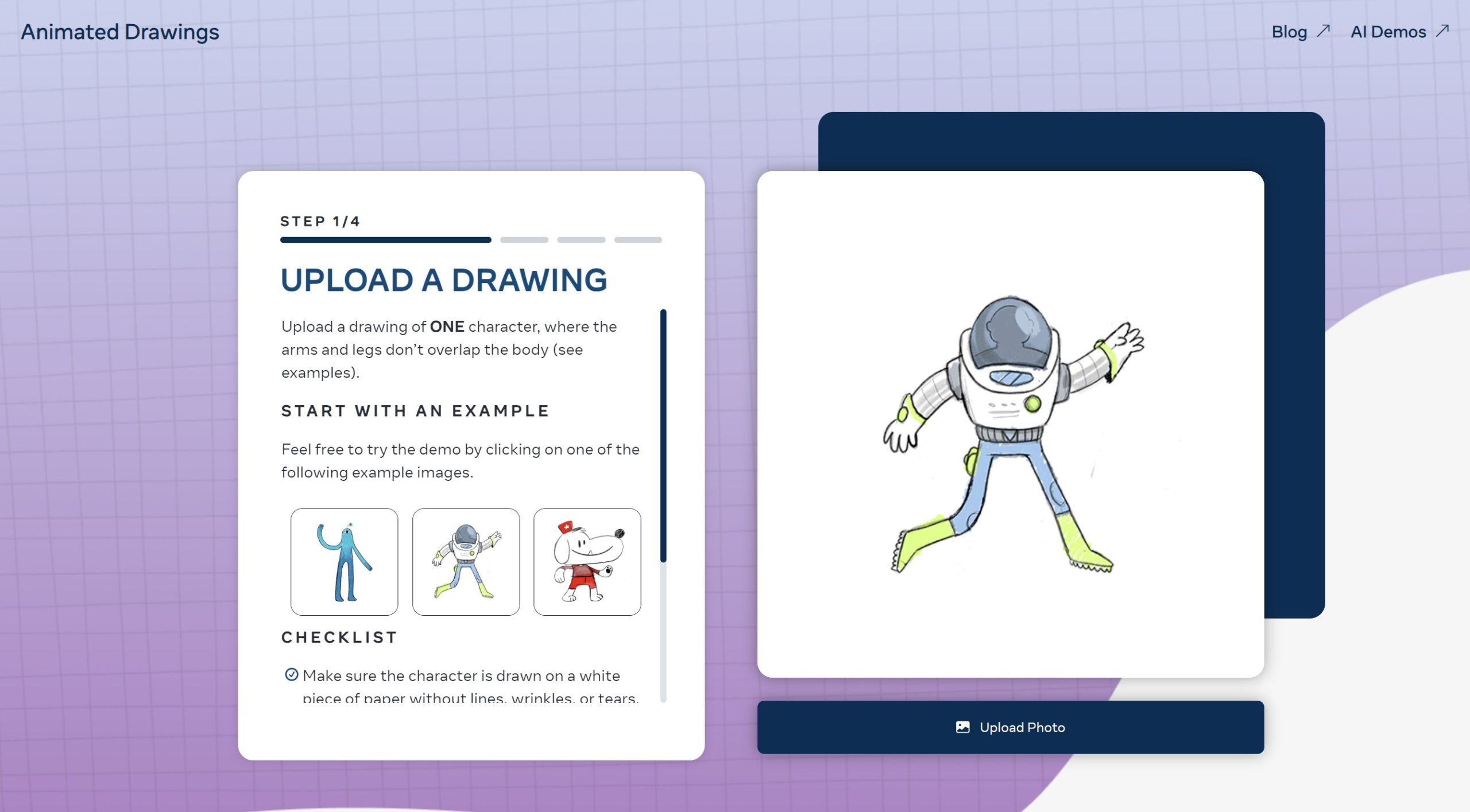 Animated Drawings工具将手绘转换为动态动画的示例界面